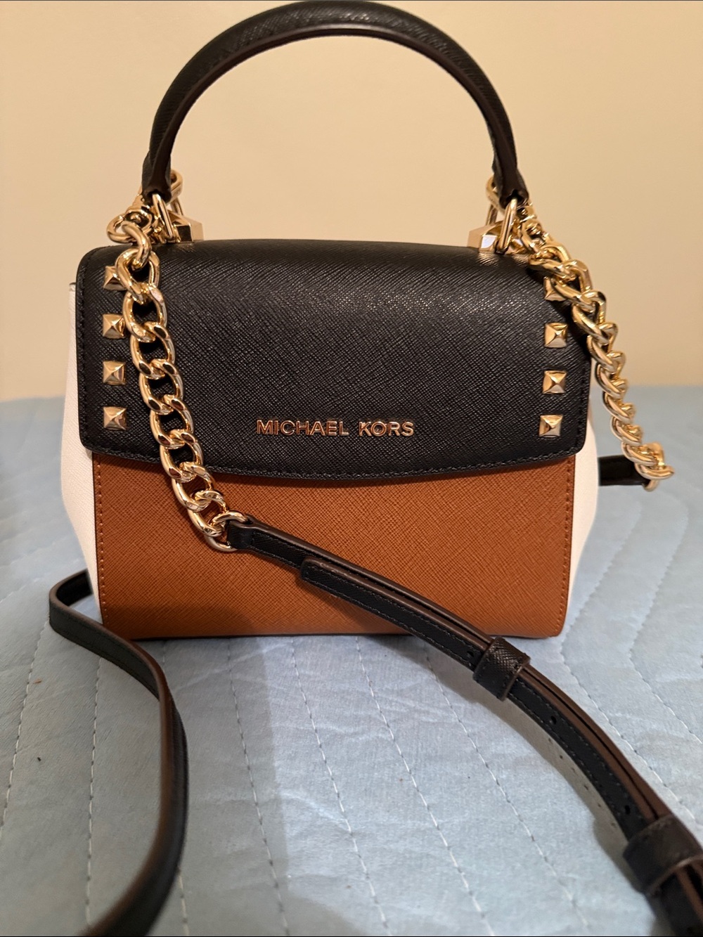 Michael Kors Small Colorblock Leather Top-Handle Satchel in Black/Brown - Picture 2 of 9